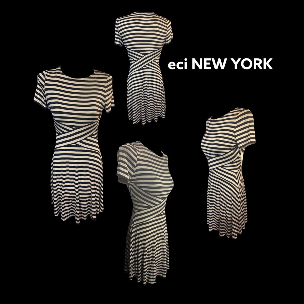 eci NEW YORK Scoop Neck Short Sleeve Black/Tan Striped Short Dress Women XL NWT